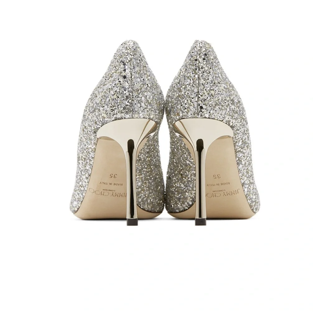 Jimmy Choi Authentic Silver Coarse Glitter Romy 85 Heels - Picture 2 of 9